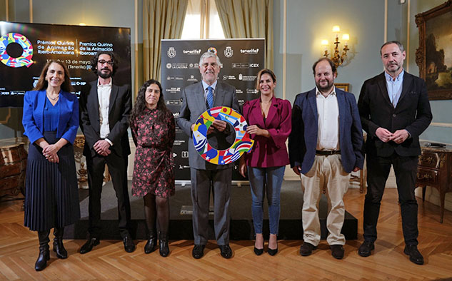 Acto de anuncio en Madrid: Ana Patricia Severino, Consejera de Cultura de la Embajada de Portugal, Víctor Herreruela, Coordinador de la Unidad Técnica de Ibermedia, Bea Bartolomé, Directora de los Premios Quirino, João Mira Gomes, Embajador de Portugal, Pablo Conde, director de Moda, Hábitat e Industrias Culturales de ICEX y Camilo Vázquez, Vocal asesor de la Directora General del ICAA.