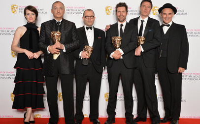 Bafta Protagonistas de la ganadora en drama, Wolf Hall: Claire Foy, Peter Kosminsky, Peter Straughan, Mark Pybus, Colin Callender, y Mark Rylance.