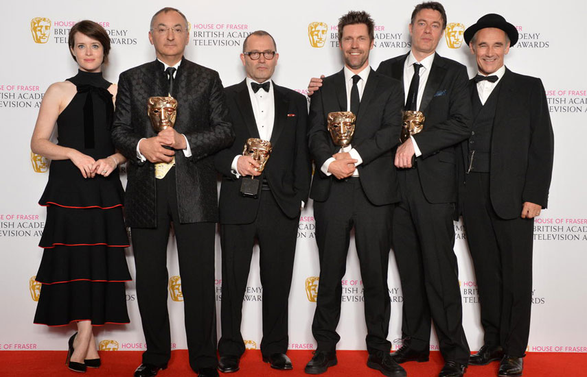 Bafta Protagonistas de la ganadora en drama, Wolf Hall: Claire Foy, Peter Kosminsky, Peter Straughan, Mark Pybus, Colin Callender, y Mark Rylance.