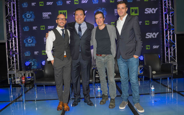 Televisa Eduardo Clemesha, director general de Nuevos Formatos y Contenidos de Televisa; Marco Rojas, director de Mercadotecnia de Sky; Miguel Ángel Fox, productor de Big Brother; y Sergio Lazarov, VP de Producción de Endemol Shine Latino, en la presentación de Big Brother en México DF.