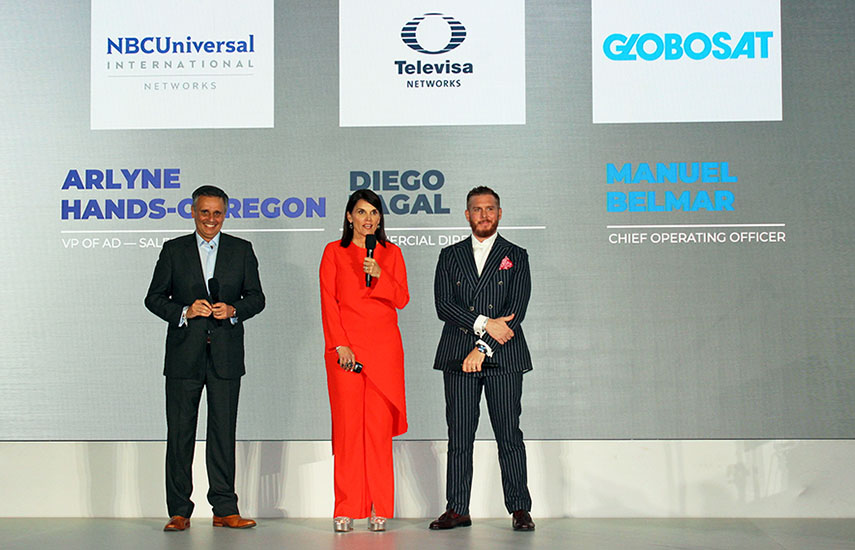 Manuel Belmar, Chief Operating Officer de Globosat; Arlyne Hands-Obregon, vicepresidenta de Ventas Publicitarias de NBC Universal Latin America, y Diego Zagal, director comercial de Televisa, en el Telemundo Center, en la presentación de la nueva alianza publicitaria.