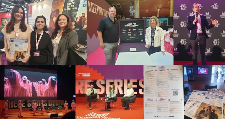 Escenas en Lille: arriba a la izquierda: Beatriz Cea Okan, Hasret Okan y Sinem Aliskan, de Inter Medya; Alex Avon y Zoé Crabtree, de Just for Entertainment Distribution; Francesco Capurro, director del Series Mania Forum; la elaborada presentación de Netflix; el panel "De la coproducción a la distribución" con Lisa Kramer, de Paramount Global Content Distribution, y Lindsey Martin (centro), de CBS Studios; la lista de expositores. La presencia de VideoAge en el escenario.