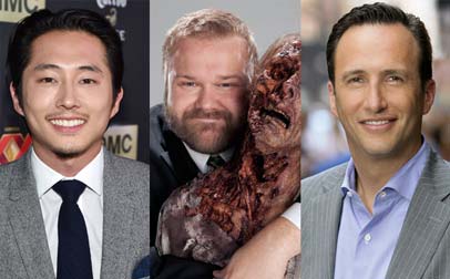 El actor Steven Yeun, el creador del comic de la serie y productor Robert Kirkman y el Presidente de AMC, Charlie Collier